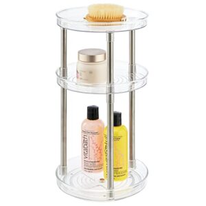 mdesign spinning 3-tier lazy susan 360 rotating makeup organizer storage tower – beauty cosmetic organization caddy for bathroom vanity, countertop, makeup table – ligne collection – clear