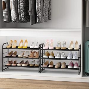 Simple Trending 3-Tier Stackable Shoe Rack, Expandable & Adjustable Fabric Shoe Shelf Storage Organizer, Black