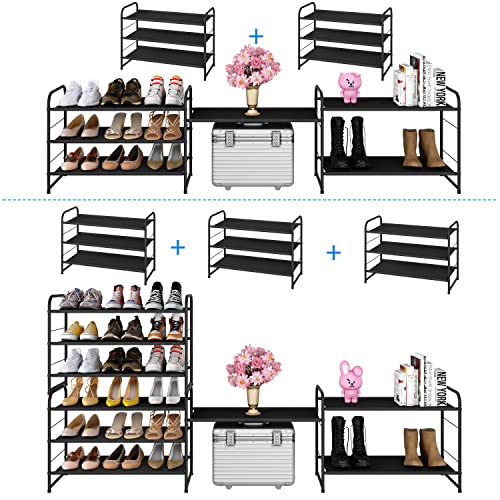 Simple Trending 3-Tier Stackable Shoe Rack, Expandable & Adjustable Fabric Shoe Shelf Storage Organizer, Black