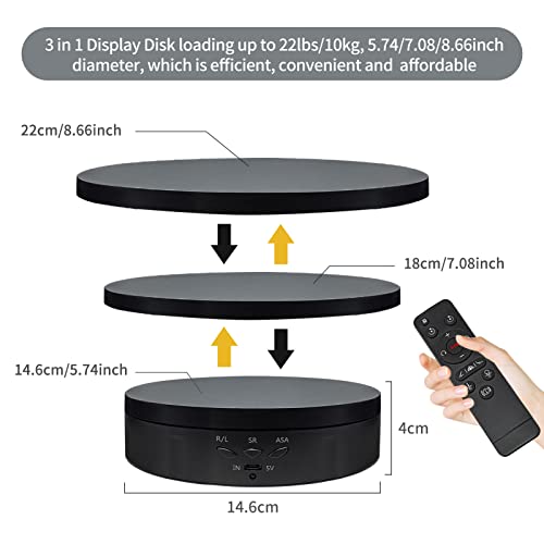 ZLMONDEE Remote Motorized Rotating Display Stand Turntable Motorized Lazy Susan with 5.74/7.08/8.66 inch Replacement Cover for Photography Products and Shows (Black)