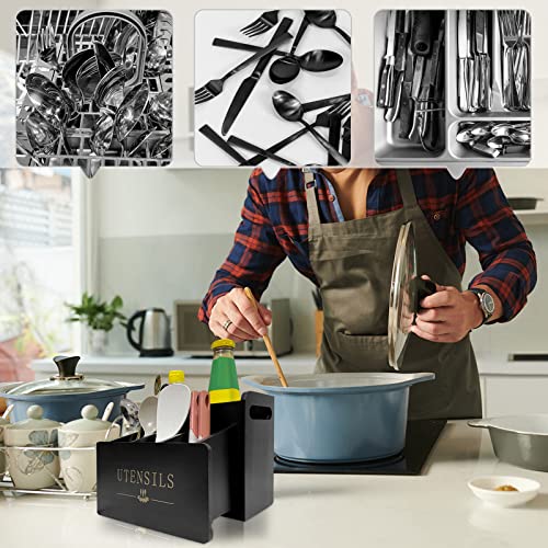 Yleric kitchen utensil organizer for countertop,wooden utensil holder organizer-5 compartments with splints,The tableware rack is used for storing knives, forks, spoons and napkins. (black)