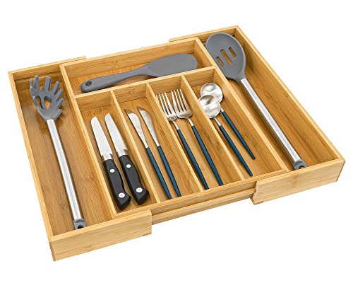 Diosbles Kitchen Bamboo Drawer Utensil Organizer Expandable Silverware Drawer Organizer and Cutlery Tray