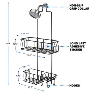 Epicano Anti-Swing Hanging Shower Caddy, Over Head Shower Caddy Rustproof with hooks for Towels, Sponge and more, Metal Black