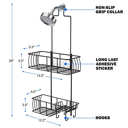 Epicano Anti-Swing Hanging Shower Caddy, Over Head Shower Caddy Rustproof with hooks for Towels, Sponge and more, Metal Black