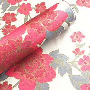 moyishi vintage floral flower paper peel & stick shelf liner dresser drawer sticker 17.7”x78.7” (red)