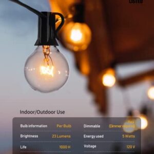 Outdoor String Lights 25 Feet G40 Globe Patio Lights with 27 Edison Glass Bulbs(2 Spare), Waterproof Connectable Hanging Light for Backyard Porch Balcony Party Decor, E12 Socket Base,Black