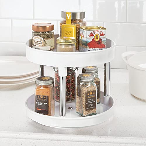 mDesign 2 Tier Lazy Susan Turntable Food Storage Container for Cabinets, Pantry, Fridge, Countertops - Raised Edge, Spinning Organizer for Spices, Condiments - 9" Round - White/Chrome