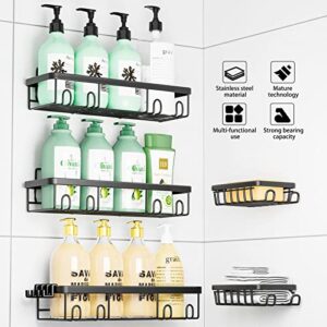 posyla shower caddy, 5 packs shower organizers with 3 shower shelves 2 soap dishes & 6 hooks, stainless steel wall rack basket with adhesives mounted for bathroom toilet & kitchen (black)