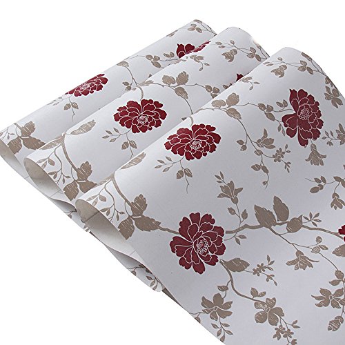 Yifely Red Peony Shelf Liner Self-Adhesive Furniture Paper Old Dresser Drawer Decor Sticker 17.7 Inch by 9.8 Feet