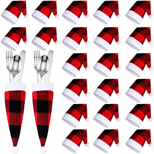 60 Pieces Christmas Santa Hats Silverware Holders Red and Black Plaid Cutlery Holder Christmas Silverware Pouch Holders Christmas Hat Wine Bottle Cover Xmas Party Dinner Table Dinnerware Decorations