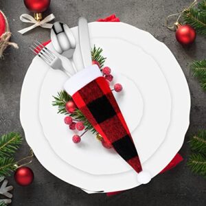 60 Pieces Christmas Santa Hats Silverware Holders Red and Black Plaid Cutlery Holder Christmas Silverware Pouch Holders Christmas Hat Wine Bottle Cover Xmas Party Dinner Table Dinnerware Decorations