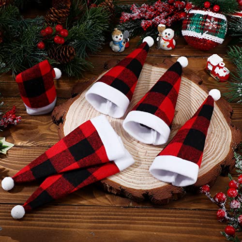 60 Pieces Christmas Santa Hats Silverware Holders Red and Black Plaid Cutlery Holder Christmas Silverware Pouch Holders Christmas Hat Wine Bottle Cover Xmas Party Dinner Table Dinnerware Decorations