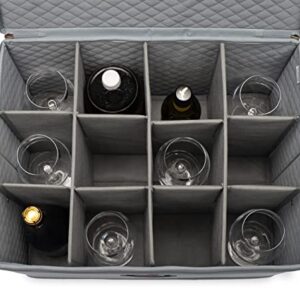 XX-Large Tall Stemware Wine Glass Storage Container (20x15.5x13.2 In). Fully Padded 12-Large Compartments With Hard Top, Bottom and Sides. For Wine Bottles, Glasses, Flutes Up To 13.2 Inches Tall