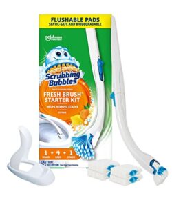 scrubbing bubbles fresh brush toilet bowl cleaning system starter kit, stain removing, citrus action scent, includes: wand + 4 refills + 1 stand