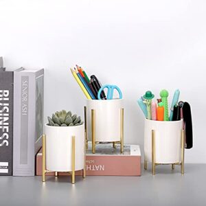 JUXYES Pack of 3 Ceramic Silverware Holder For Table Setting, White Cutlery Holder Holder With Golden Metal Bracket, Small Flatware Caddy Organizer Utensil Holder Organizer for Kitchen Dining Tables