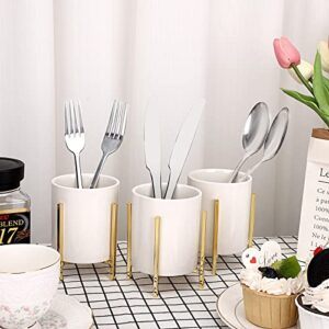 JUXYES Pack of 3 Ceramic Silverware Holder For Table Setting, White Cutlery Holder Holder With Golden Metal Bracket, Small Flatware Caddy Organizer Utensil Holder Organizer for Kitchen Dining Tables