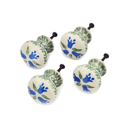 Polish Pottery Set of 4 Drawer Pull Knobs Made by Ceramika Artystyczna (Blue Tulip Theme) + Certificate of Authenticity