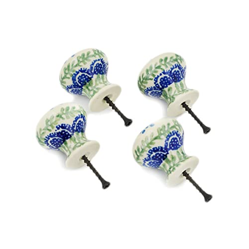 Polish Pottery Set of 4 Drawer Pull Knobs Made by Ceramika Artystyczna (Blue Tulip Theme) + Certificate of Authenticity