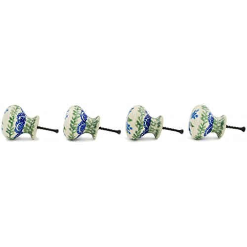 Polish Pottery Set of 4 Drawer Pull Knobs Made by Ceramika Artystyczna (Blue Tulip Theme) + Certificate of Authenticity