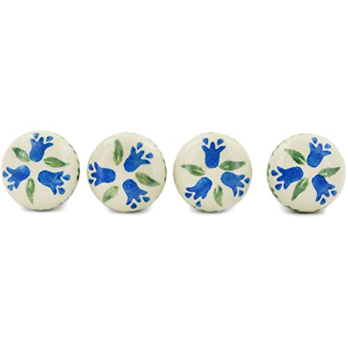 Polish Pottery Set of 4 Drawer Pull Knobs Made by Ceramika Artystyczna (Blue Tulip Theme) + Certificate of Authenticity