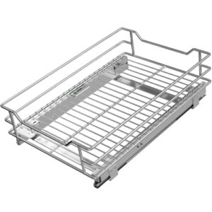growling pull out cabinet organizer, heavy-duty slide out shelves, sliding wire baskets drawer storage for kitchen, bathroom, 12″ w x 17.3″ d x 5.4″ h, chrome finish.