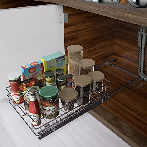 GROWLING Pull Out Cabinet Organizer, Heavy-Duty Slide Out Shelves, Sliding Wire Baskets Drawer Storage for Kitchen, Bathroom, 12" W x 17.3" D x 5.4" H, Chrome Finish.