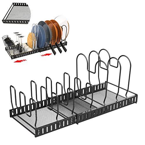 EMT ETRENDS Pots and Pans Organizer, Adjustable 2 Packs Pot Organizer with 7 Dividers and Bottom Mesh, Expandable Pot and Pan Organizer for cabinet, Kitchen Counter, Black…