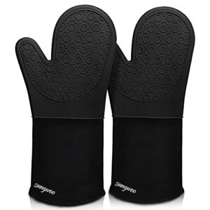 extra long silicone oven mitts, sungwoo durable heat resistant oven gloves with quilted liner non-slip textured grip perfect for bbq, baking, cooking and grilling – 1 pair 14.6 inch black