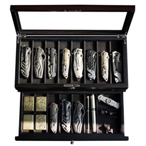 besforu pocket knife display case for men collection holder 15-17 folding knife with walnut finish two-tier knife organizer storage box with real glass window top (ebony veneer with draw)