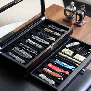 Besforu Pocket Knife Display Case for men collection holder 15-17 folding knife with Walnut Finish Two-Tier Knife organizer storage box with Real Glass Window Top (ebony veneer with draw)