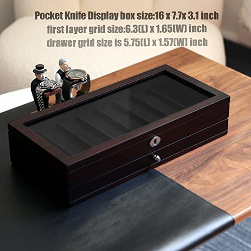 Besforu Pocket Knife Display Case for men collection holder 15-17 folding knife with Walnut Finish Two-Tier Knife organizer storage box with Real Glass Window Top (ebony veneer with draw)