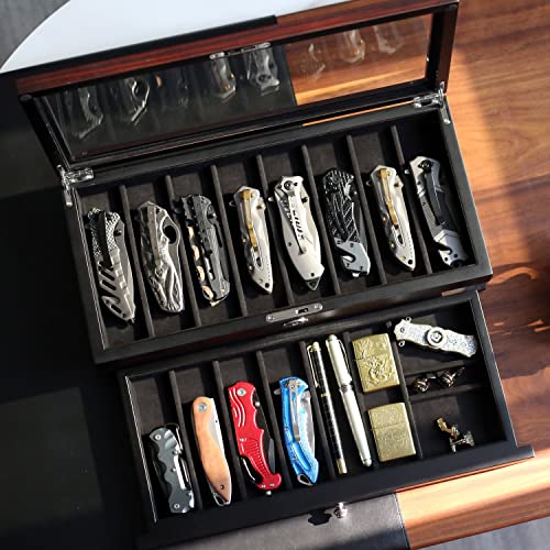 Besforu Pocket Knife Display Case for men collection holder 15-17 folding knife with Walnut Finish Two-Tier Knife organizer storage box with Real Glass Window Top (ebony veneer with draw)