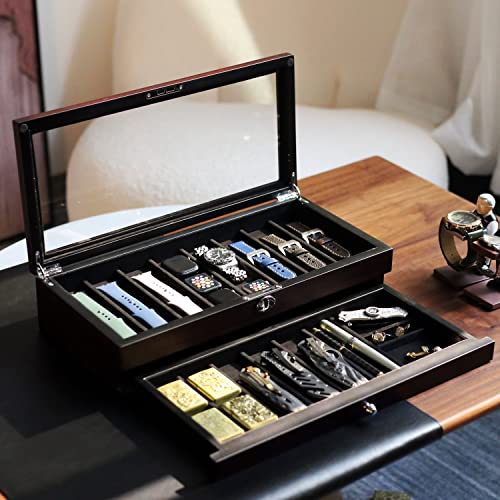 Besforu Pocket Knife Display Case for men collection holder 15-17 folding knife with Walnut Finish Two-Tier Knife organizer storage box with Real Glass Window Top (ebony veneer with draw)