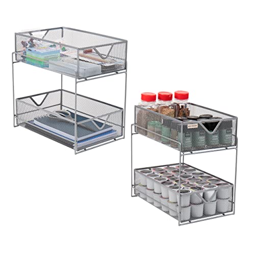 Mind Reader Network Collection, 2-Tier Sliding Basket Storage Kitchen, Desk, Makeup, Cabinet Organizer, Metal Mesh, Set of 2, 2-Pack, Silver