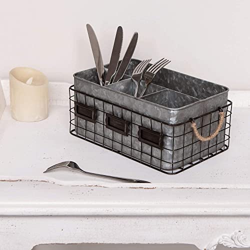 NIKKY HOME Utensil Caddy for Parties, Farmhouse Flatware Caddy for Countertop, Rustic Galvanized Silverware Cutlery Caddy with Napkin Holder for Kitchen, Dining, Outdoors, Picnics, Parties - Silver