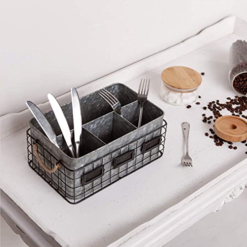 NIKKY HOME Utensil Caddy for Parties, Farmhouse Flatware Caddy for Countertop, Rustic Galvanized Silverware Cutlery Caddy with Napkin Holder for Kitchen, Dining, Outdoors, Picnics, Parties - Silver