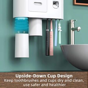 Toothbrush Holder Wall Mounted, Automatic Toothpaste Dispenser Squeezer Kit -Magnetic Toothbrush Holder for Bathroom and Vanity, 4 Brush Slots 2 Cups 1 Cosmetic Drawer1 Large Storage Tray by showgoca