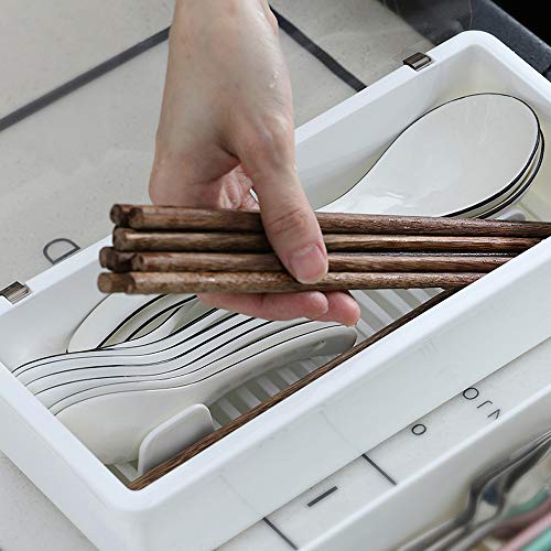 AIYoo Flatware Tray Kitchen Drawer Organizer With Lid And Drainer - Plastic Kitchen Cutlery Tray and Utensil Storage Container with Cover 12.5 Inch - Dinnerware Holder White