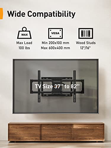 Perlegear Full Motion TV Wall Mount for Most 37-82 inch Flat Curved Screen up to 100 lbs, 12"/16" Wood Studs, TV Mount Bracket with Dual Articulating Arms, Swivel, Tool-Free Tilt, Max VESA 600x400mm