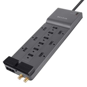 belkin power strip surge protector – 12 ac multiple outlets & 8 ft long flat plug heavy duty extension cord for home, office, travel, computer desktop, laptop & phone charging brick (3,940 joules)