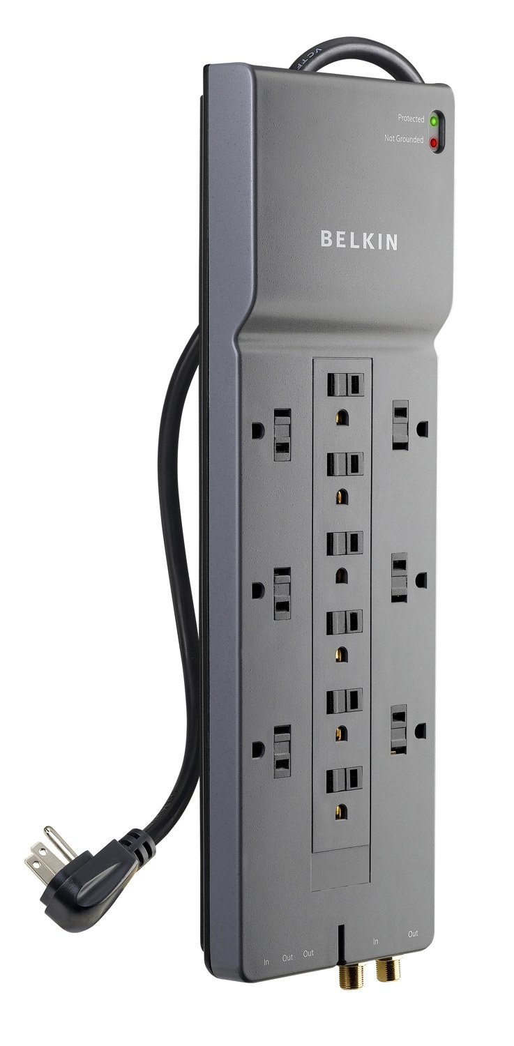 Belkin Power Strip Surge Protector - 12 AC Multiple Outlets & 8 ft Long Flat Plug Heavy Duty Extension Cord for Home, Office, Travel, Computer Desktop, Laptop & Phone Charging Brick (3,940 Joules)