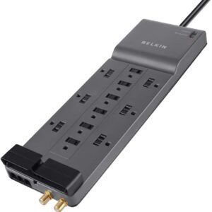 Belkin Power Strip Surge Protector - 12 AC Multiple Outlets & 8 ft Long Flat Plug Heavy Duty Extension Cord for Home, Office, Travel, Computer Desktop, Laptop & Phone Charging Brick (3,940 Joules)