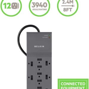 Belkin Power Strip Surge Protector - 12 AC Multiple Outlets & 8 ft Long Flat Plug Heavy Duty Extension Cord for Home, Office, Travel, Computer Desktop, Laptop & Phone Charging Brick (3,940 Joules)