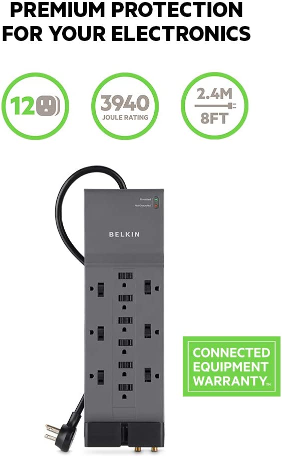 Belkin Power Strip Surge Protector - 12 AC Multiple Outlets & 8 ft Long Flat Plug Heavy Duty Extension Cord for Home, Office, Travel, Computer Desktop, Laptop & Phone Charging Brick (3,940 Joules)