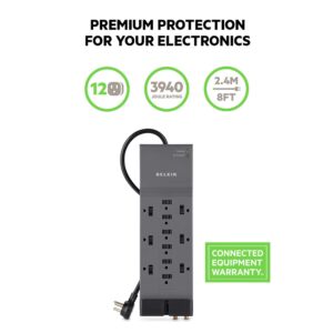 Belkin Power Strip Surge Protector - 12 AC Multiple Outlets & 8 ft Long Flat Plug Heavy Duty Extension Cord for Home, Office, Travel, Computer Desktop, Laptop & Phone Charging Brick (3,940 Joules)