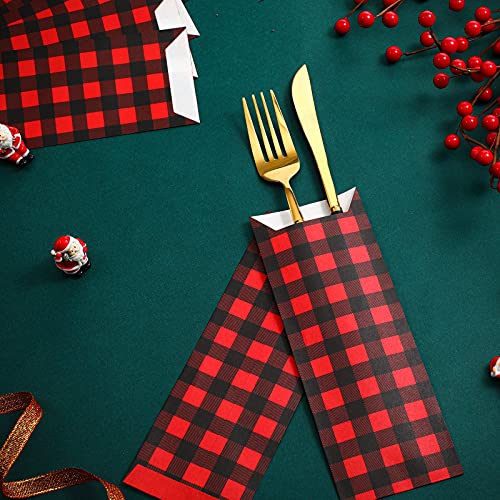 100 Pieces Christmas Paper Utensil Cutlery Holders Knife Forks Pouch Bags Disposable Buffalo Plaid Xmas Silverware Bags for Christmas Home Wedding Festival Parties Restaurant Kitchen Travel