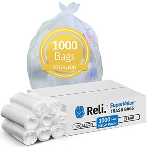 reli. supervalue trash bags 13 gallon | 1000 count | tall kitchen garbage bags bulk – clear | 13 gallon clear trash bags / trash can liners for garbage | made for 12 gal, 13 gal, 16 gal – unscented