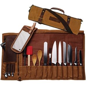 chef knife roll bag | 16oz ultra wax canvas & top grain leather | 22 slots & 4 zipper pouch | double stitch | water-resistant | cleaver pouch | knife organizer for chefs and culinary students