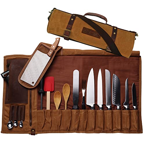 Chef Knife Roll Bag | 16oz ULTRA Wax Canvas & Top Grain Leather | 22 Slots & 4 Zipper Pouch | Double Stitch | Water-Resistant | Cleaver Pouch | Knife Organizer for Chefs and Culinary Students