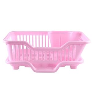 environmental plastic kitchen sink dish drainer set rack washing holder basket organizer tray, approx 17.5 x 9.5 x 7inch (pink)